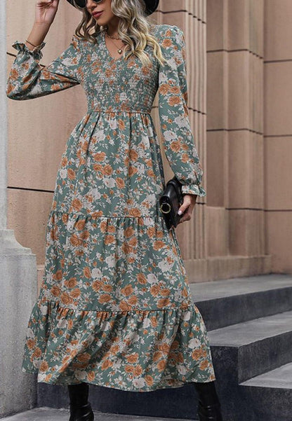 V-Neck Smocked Chest Floral Print Ruffle Detail Midi Dress
