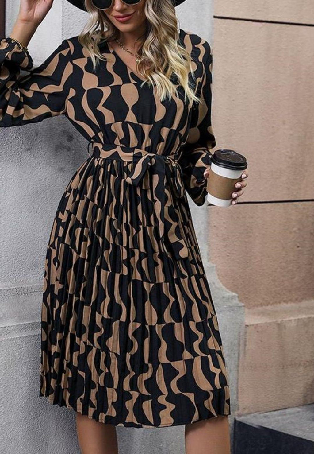 V-Neck Long Cuffed Puffed Sleeve Boho Pattern Midi Dress