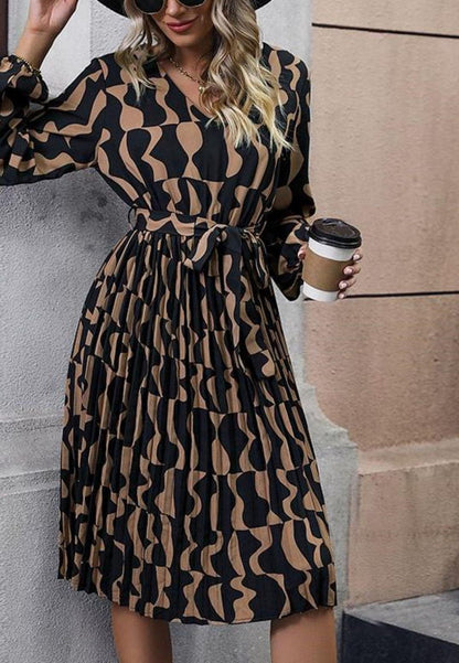 Vestido midi con escote en V, mangas abullonadas y puños largos con diseño bohemio
