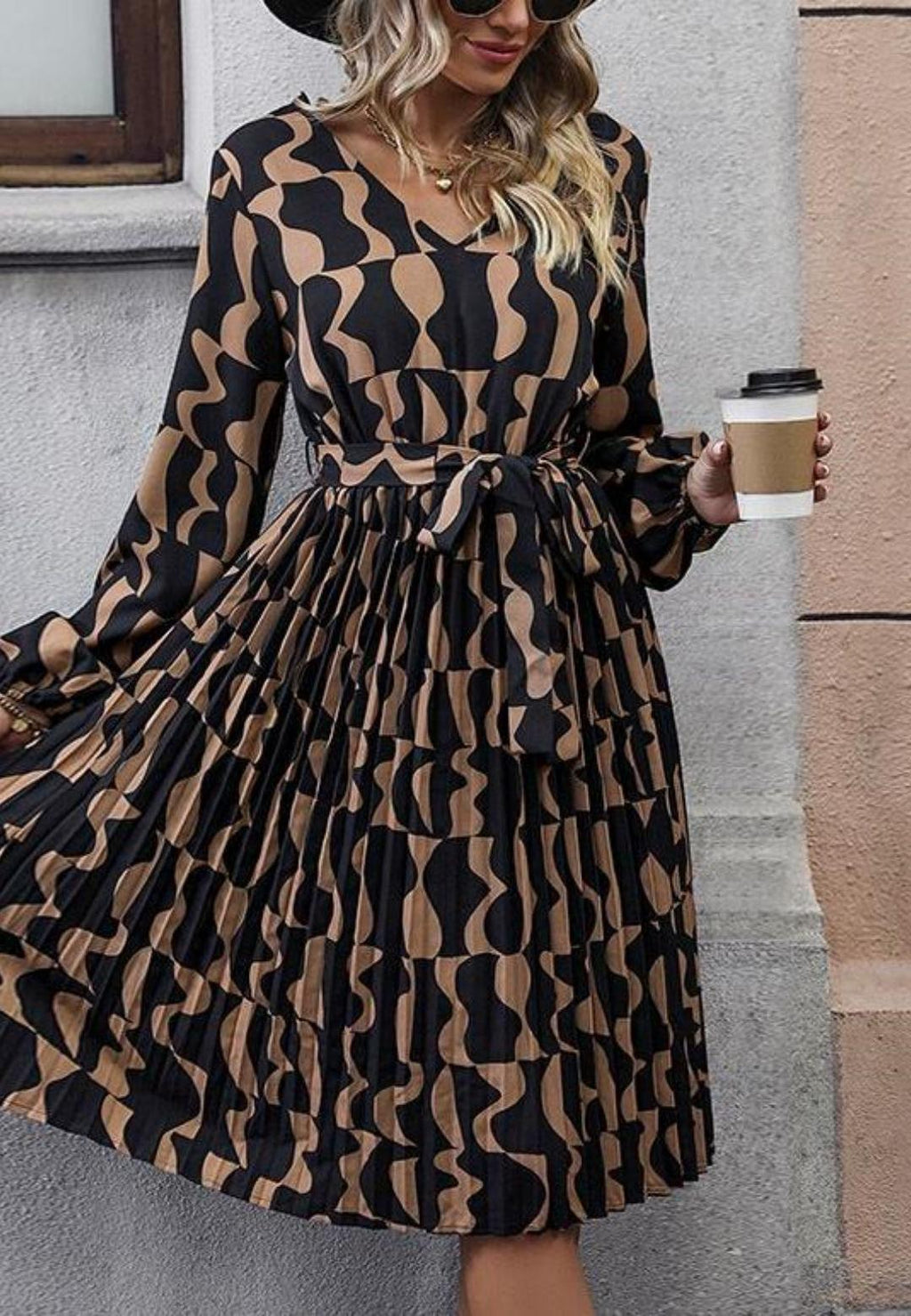 V-Neck Long Cuffed Puffed Sleeve Boho Pattern Midi Dress