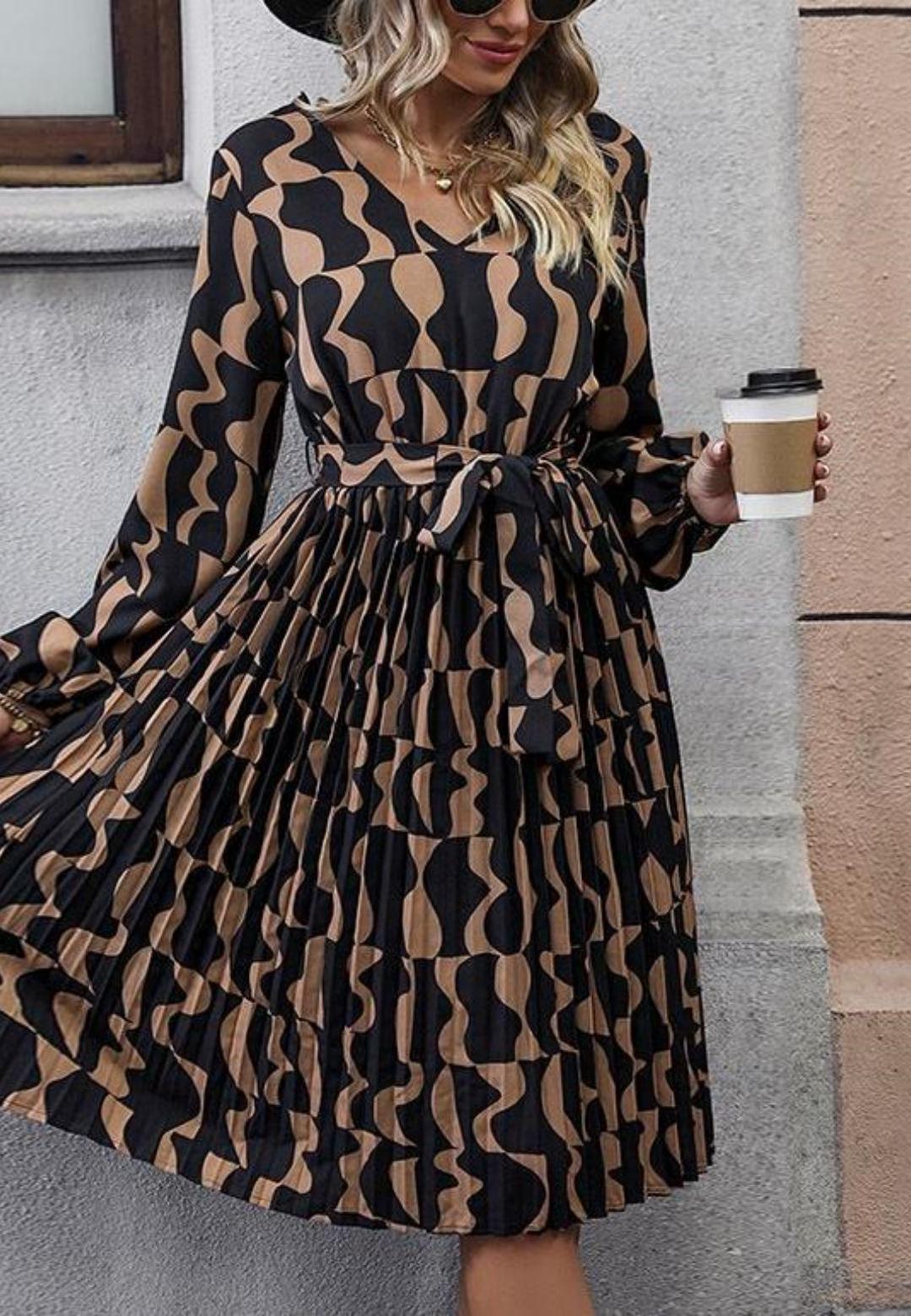 V-Neck Long Cuffed Puffed Sleeve Boho Pattern Midi Dress