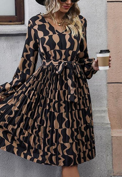 Vestido midi con escote en V, mangas abullonadas y puños largos con diseño bohemio