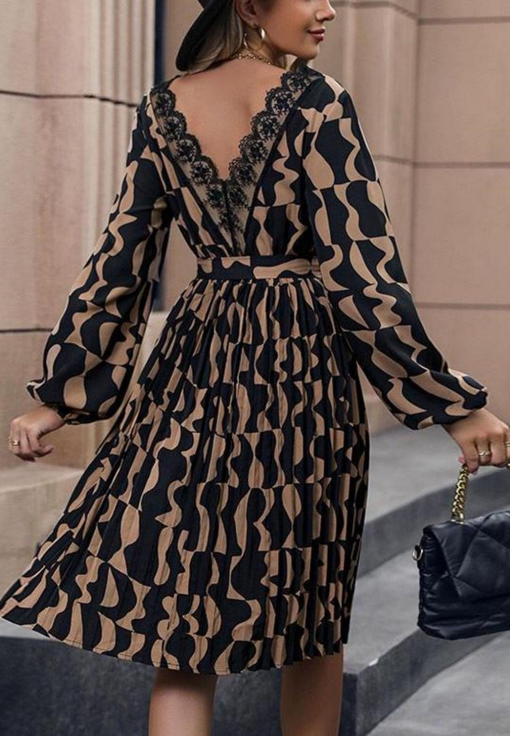V-Neck Long Cuffed Puffed Sleeve Boho Pattern Midi Dress