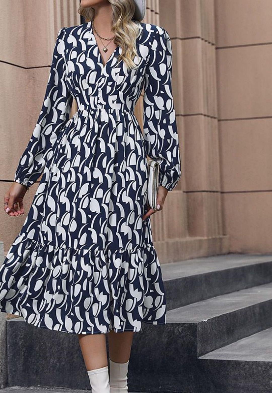 Vestido midi con escote en V, cintura imperio fruncida y mangas abullonadas