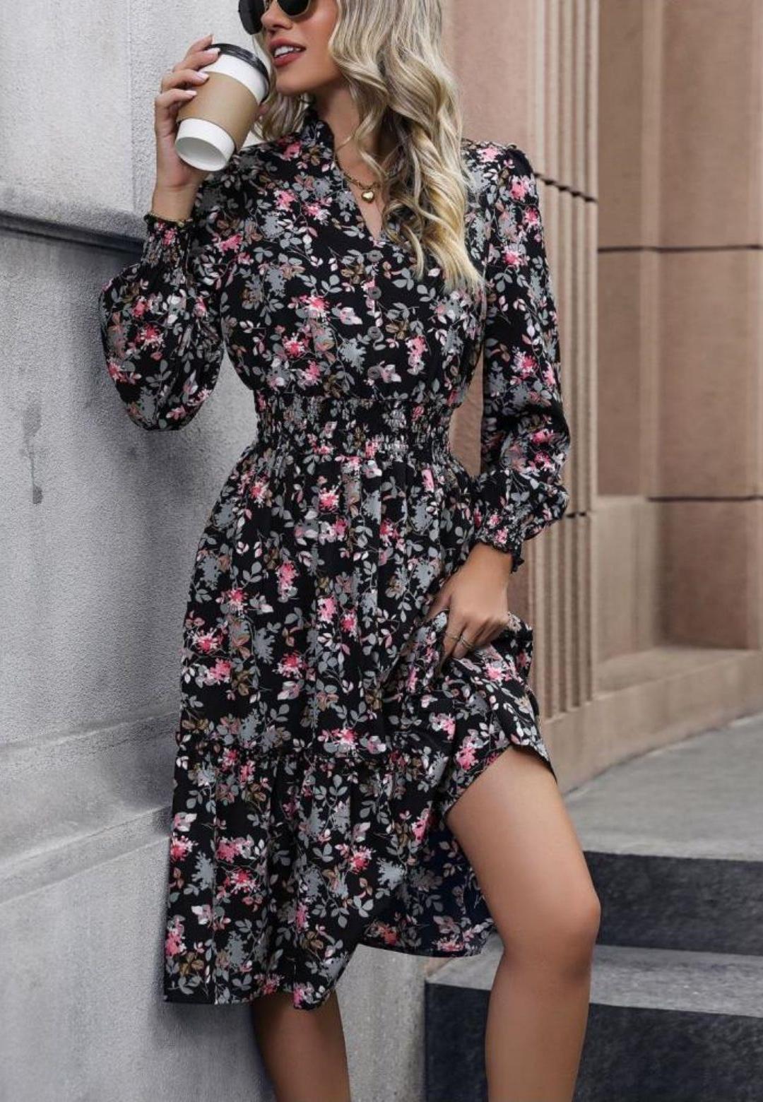 Notched V-Neck Button Detail Puffed Sleeve Ruffle Midi Dress