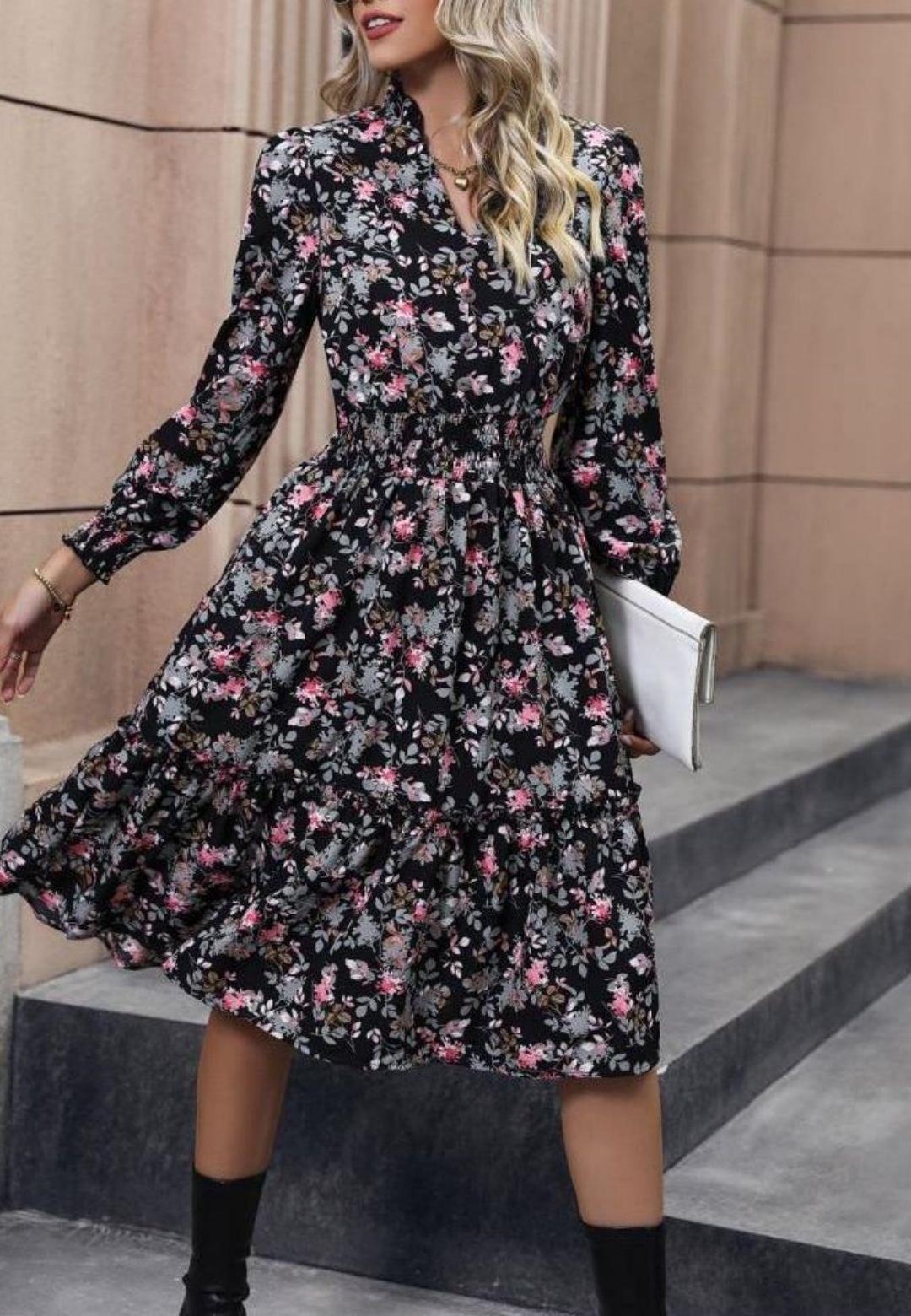 Notched V-Neck Button Detail Puffed Sleeve Ruffle Midi Dress