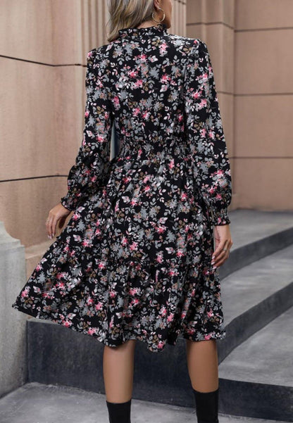 Notched V-Neck Button Detail Puffed Sleeve Ruffle Midi Dress