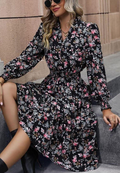 Notched V-Neck Button Detail Puffed Sleeve Ruffle Midi Dress