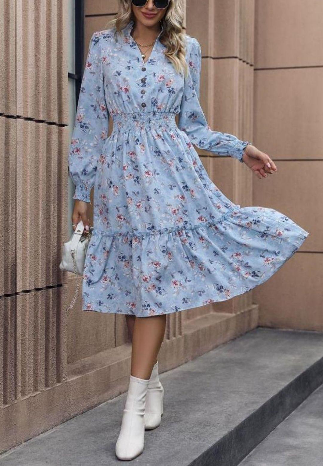 Notched V-Neck Button Detail Puffed Sleeve Ruffle Midi Dress