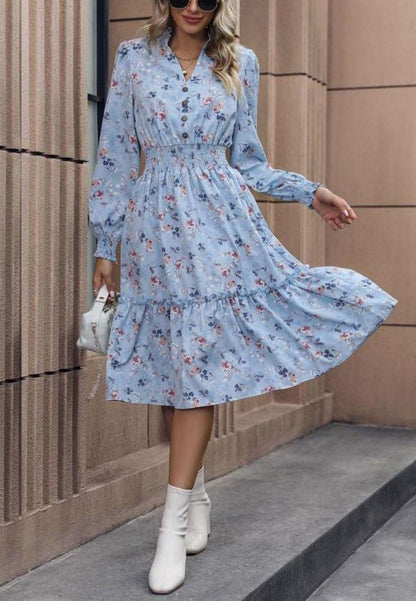 Notched V-Neck Button Detail Puffed Sleeve Ruffle Midi Dress