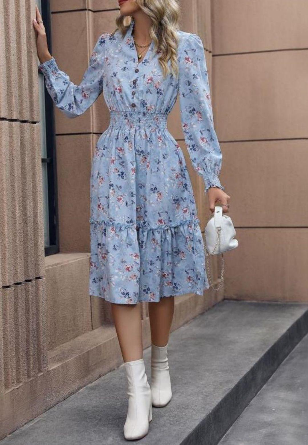 Notched V-Neck Button Detail Puffed Sleeve Ruffle Midi Dress