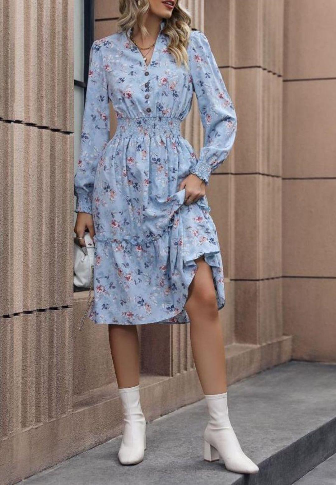 Notched V-Neck Button Detail Puffed Sleeve Ruffle Midi Dress