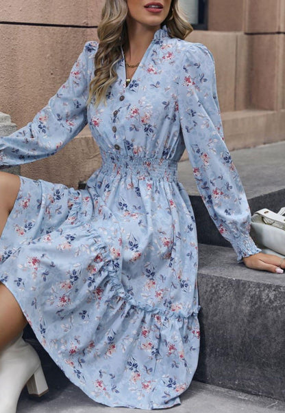 Notched V-Neck Button Detail Puffed Sleeve Ruffle Midi Dress