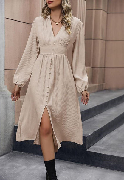 Empire Waist Button Detail V-Neck Front Slit Midi Textured Dress