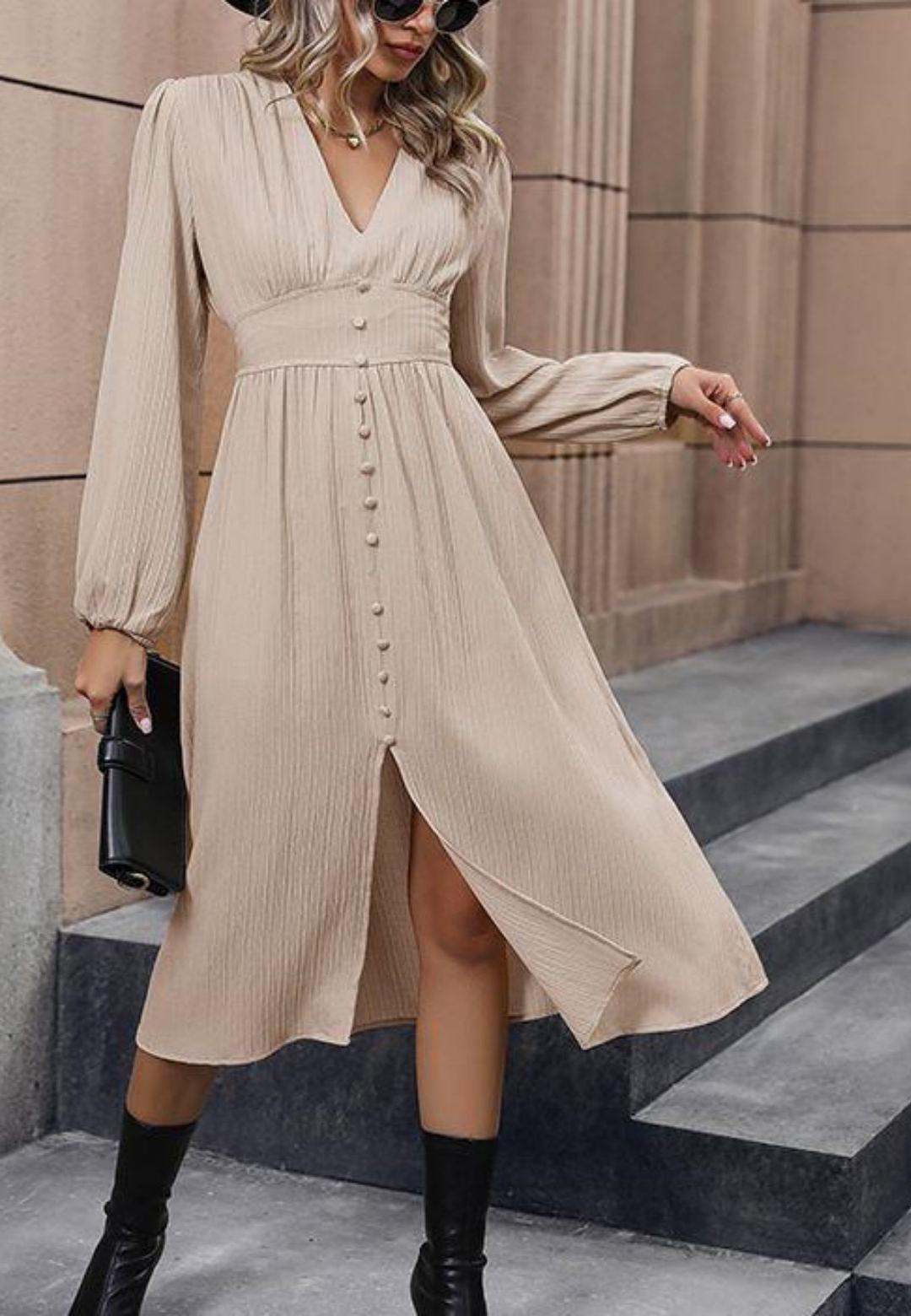 Empire Waist Button Detail V-Neck Front Slit Midi Textured Dress, Medium 6-8 / Beige Empire Waist Button Detail V-Neck Front Slit Midi Textured Dress, Medium 6-8 / Beige