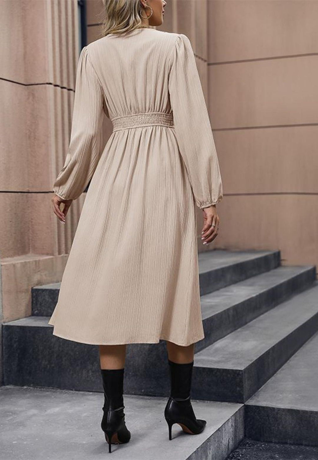 Empire Waist Button Detail V-Neck Front Slit Midi Textured Dress