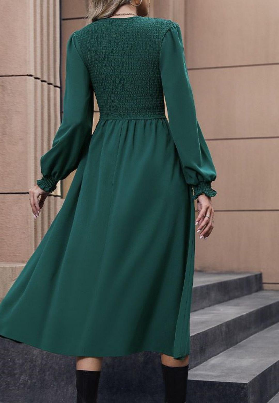 Smocked Chest Bishop Sleeve Long Flared Dress