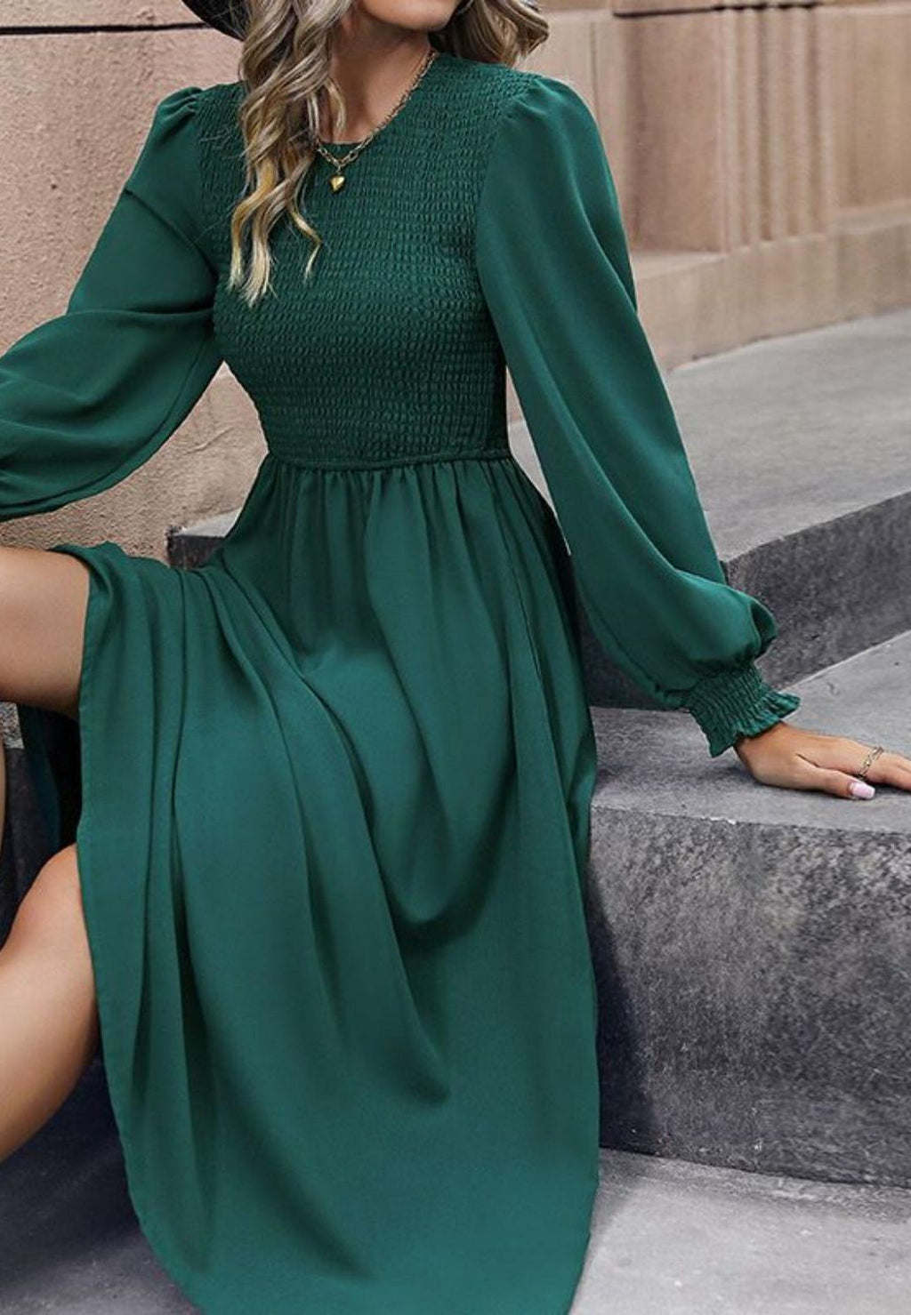 Smocked Chest Bishop Sleeve Long Flared Dress
