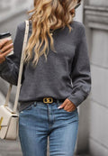 Textured Open Crew Neck Cuffed Pullover Sweater