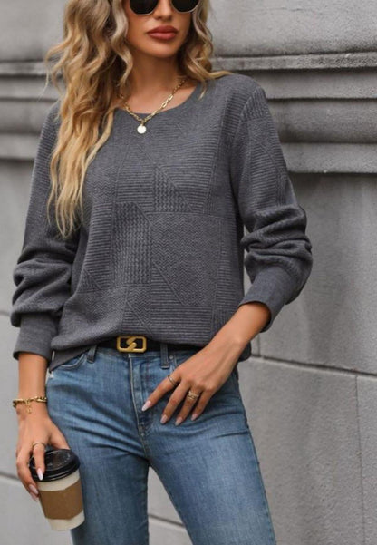 Textured Open Crew Neck Cuffed Pullover Sweater