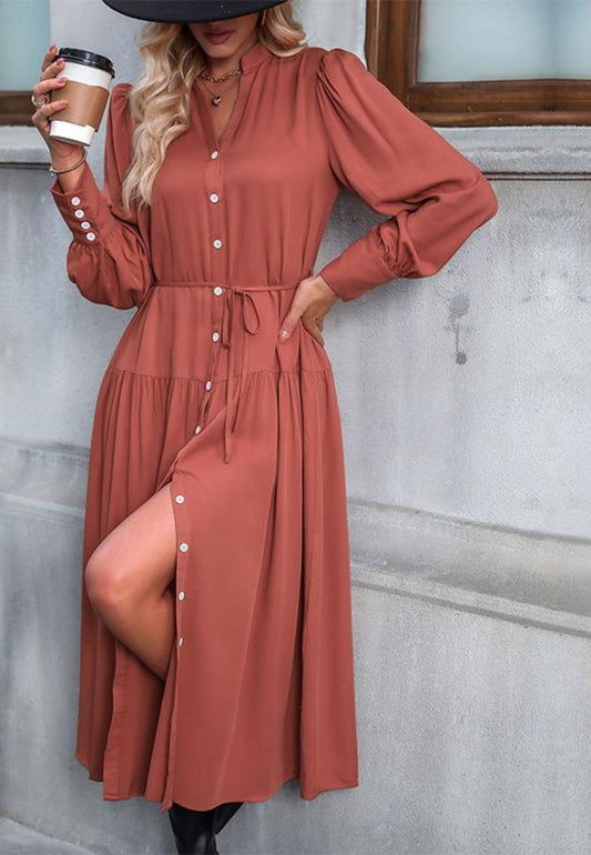 Notched V-Neck Button Detail Cuffed Puffed Sleeve Tie Waist Midi Dress