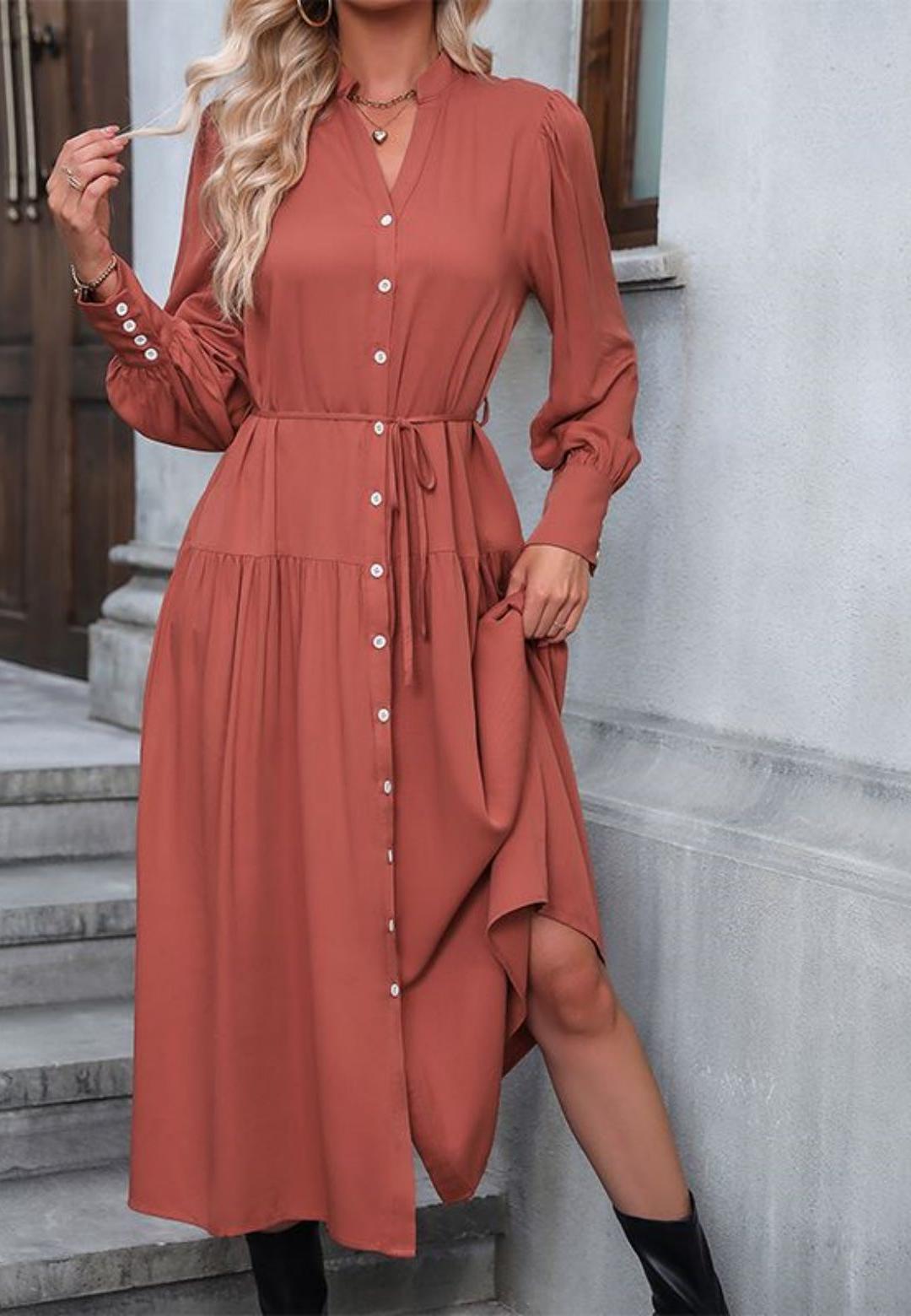 Notched V-Neck Button Detail Cuffed Puffed Sleeve Tie Waist Midi Dress