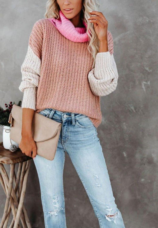 Color Blocked Cowl Open Neck Dolman Sleeve Sweater