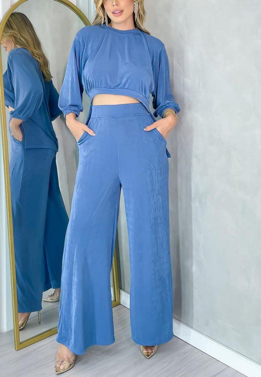 Gathered High Long Midi Sleeve Top and Straight Leg Pant Set