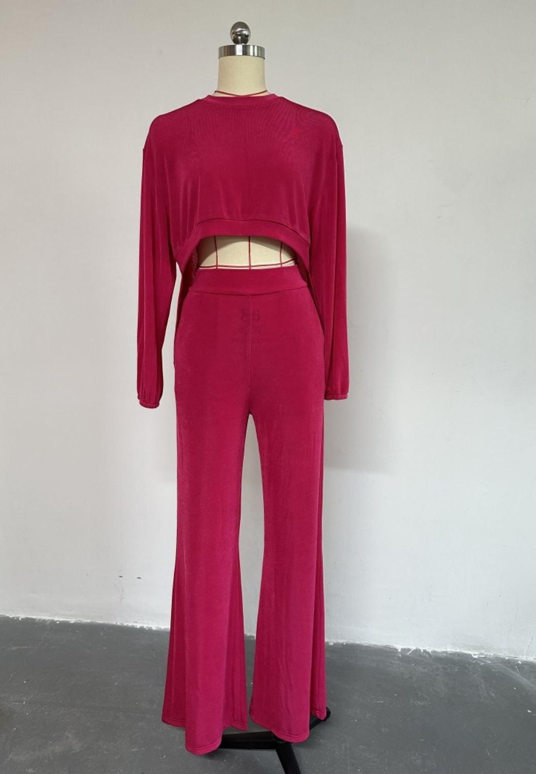 Gathered High Long Midi Sleeve Top and Straight Leg Pant Set