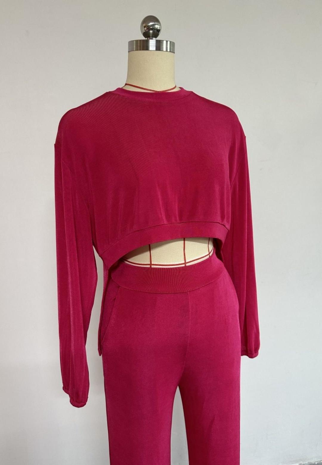 Gathered High Long Midi Sleeve Top and Straight Leg Pant Set