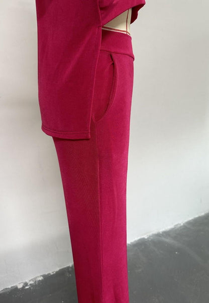 Gathered High Long Midi Sleeve Top and Straight Leg Pant Set