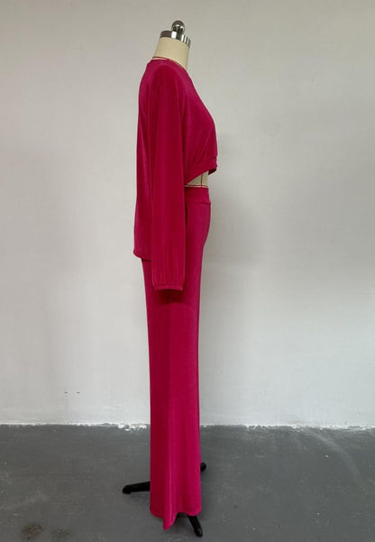 Gathered High Long Midi Sleeve Top and Straight Leg Pant Set