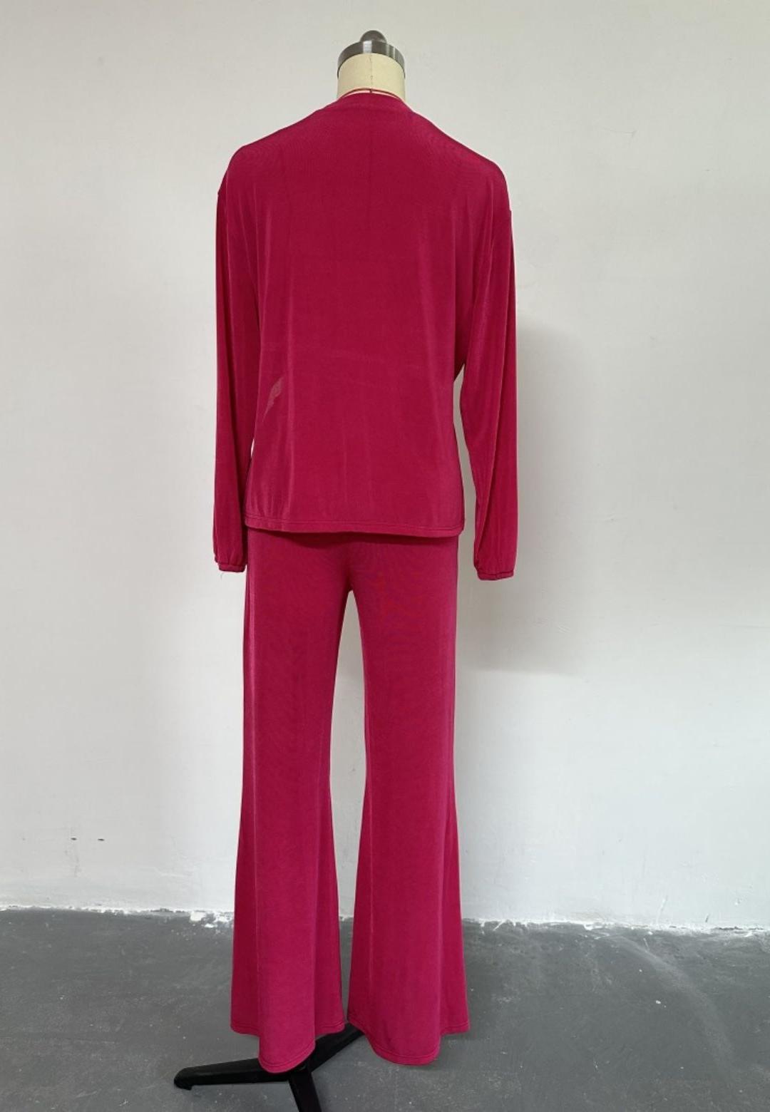 Gathered High Long Midi Sleeve Top and Straight Leg Pant Set