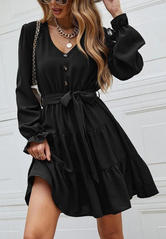 V-Neck Button Detail Puffed Sleeve Ruffle Detail Flared Tunic Dress