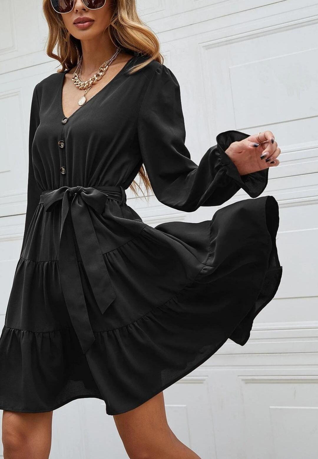 V-Neck Button Detail Puffed Sleeve Ruffle Detail Flared Tunic Dress