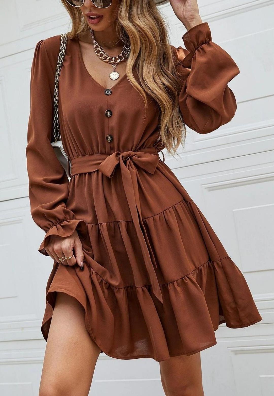 V-Neck Button Detail Puffed Sleeve Ruffle Detail Flared Tunic Dress