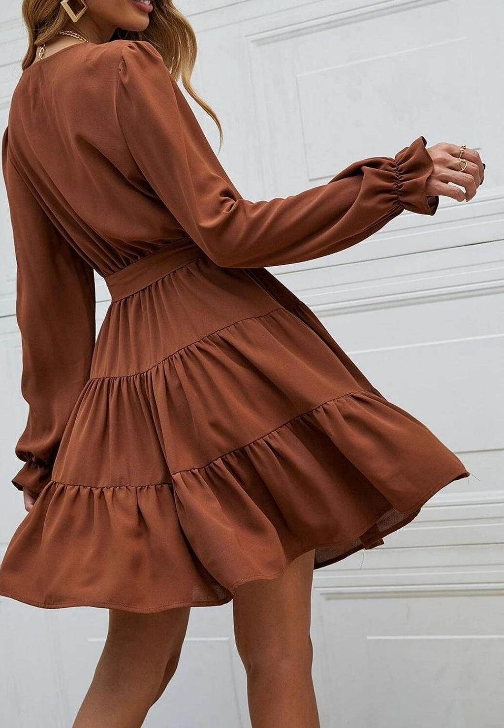 V-Neck Button Detail Puffed Sleeve Ruffle Detail Flared Tunic Dress