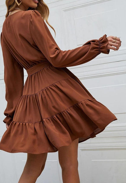 V-Neck Button Detail Puffed Sleeve Ruffle Detail Flared Tunic Dress
