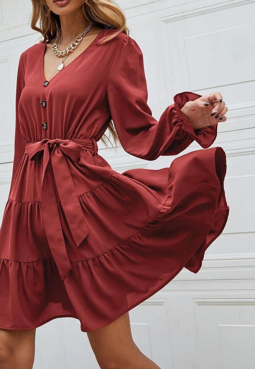 V-Neck Button Detail Puffed Sleeve Ruffle Detail Flared Tunic Dress