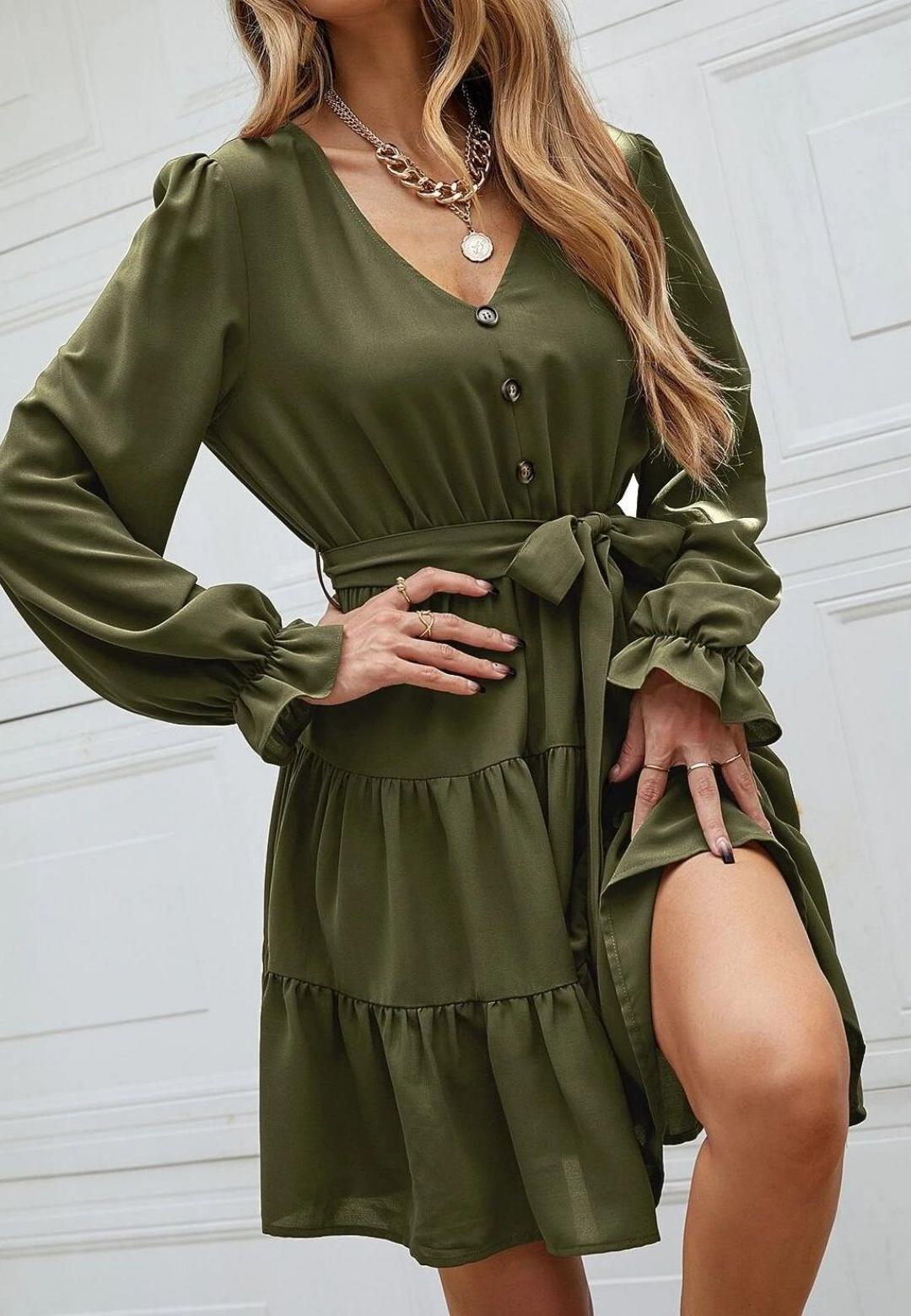 V-Neck Button Detail Puffed Sleeve Ruffle Detail Flared Tunic Dress