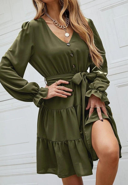 V-Neck Button Detail Puffed Sleeve Ruffle Detail Flared Tunic Dress