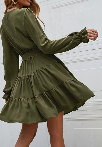 V-Neck Button Detail Puffed Sleeve Ruffle Detail Flared Tunic Dress