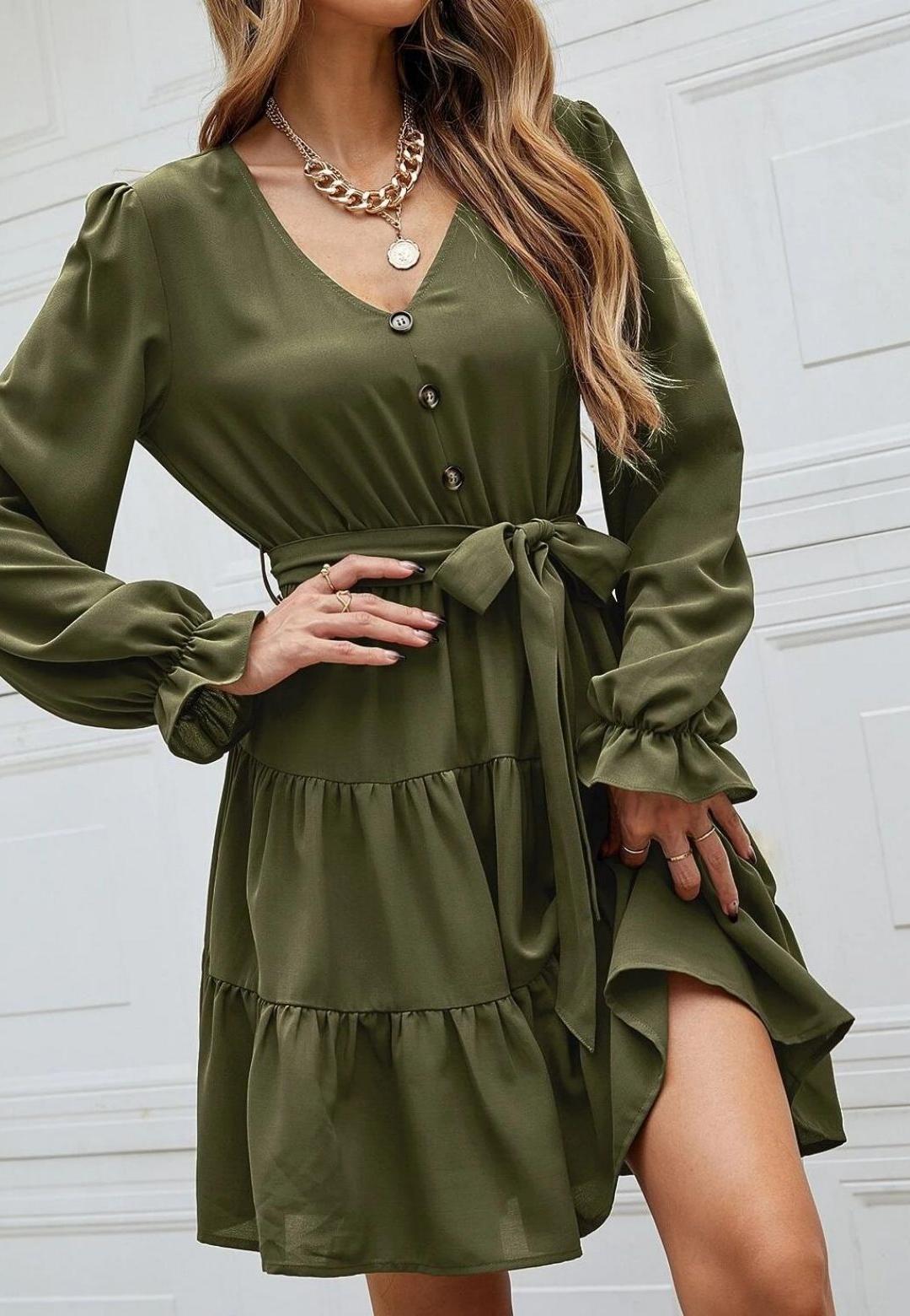 V-Neck Button Detail Puffed Sleeve Ruffle Detail Flared Tunic Dress