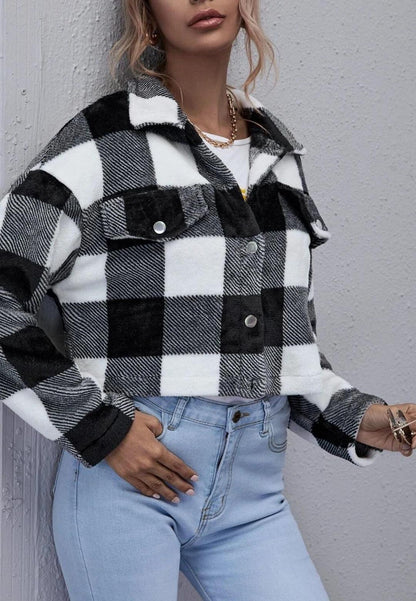 Cozy Warm Texture Plaid Checker Cropped Collar Button Jacket