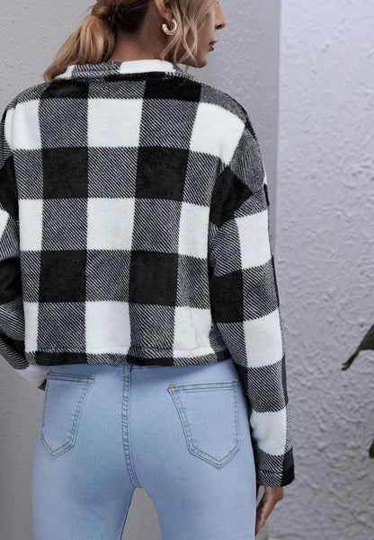 Cozy Warm Texture Plaid Checker Cropped Collar Button Jacket