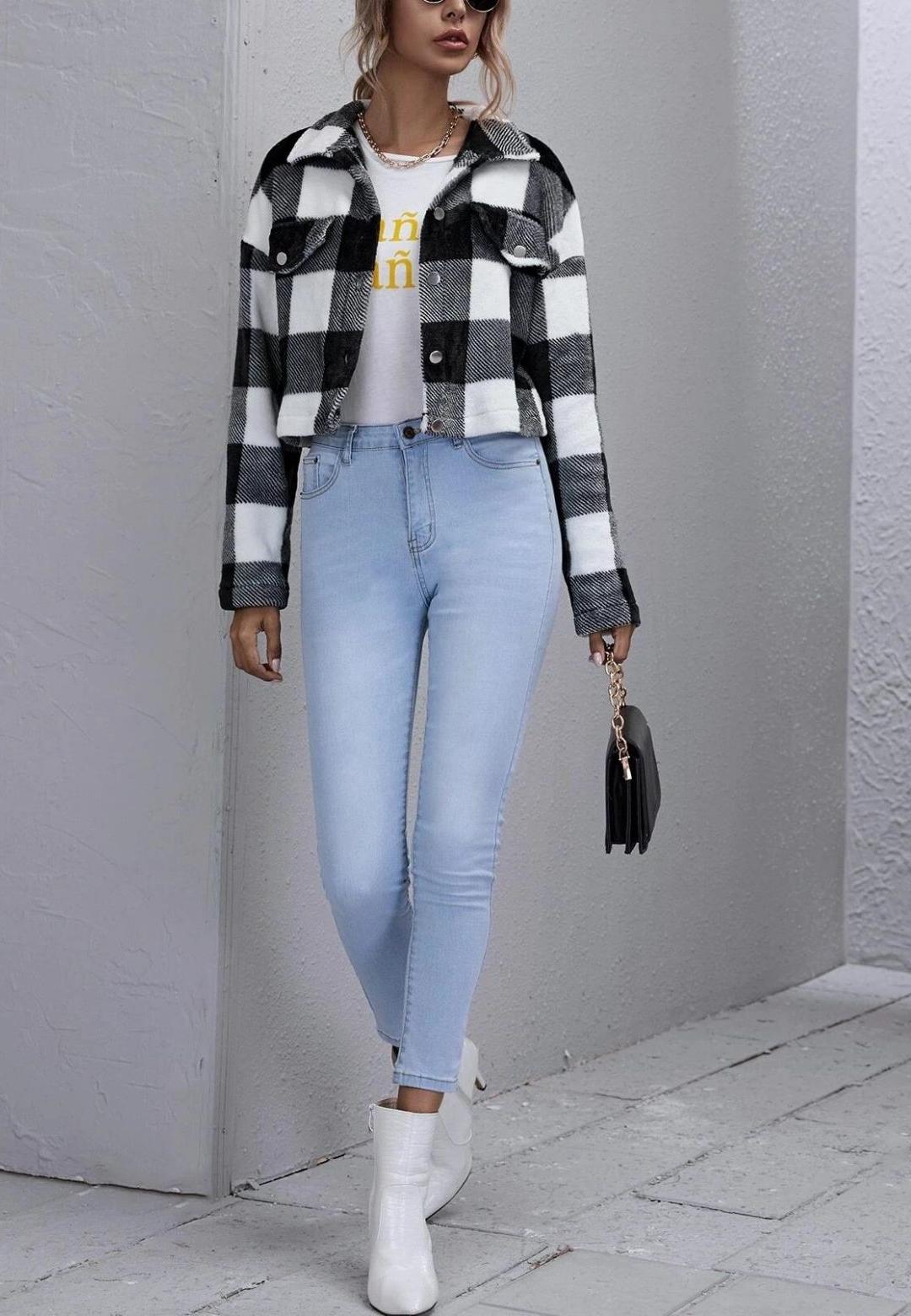 Cozy Warm Texture Plaid Checker Cropped Collar Button Jacket