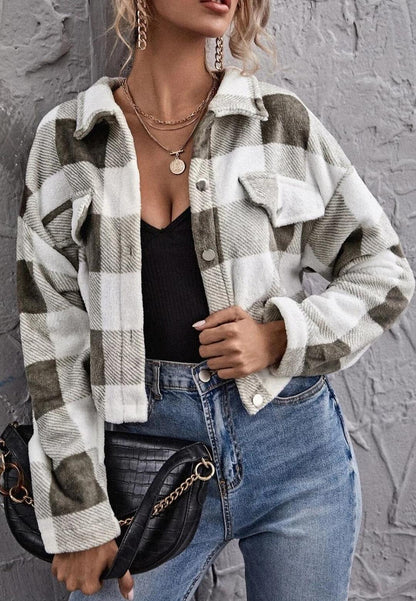 Cozy Warm Texture Plaid Checker Cropped Collar Button Jacket
