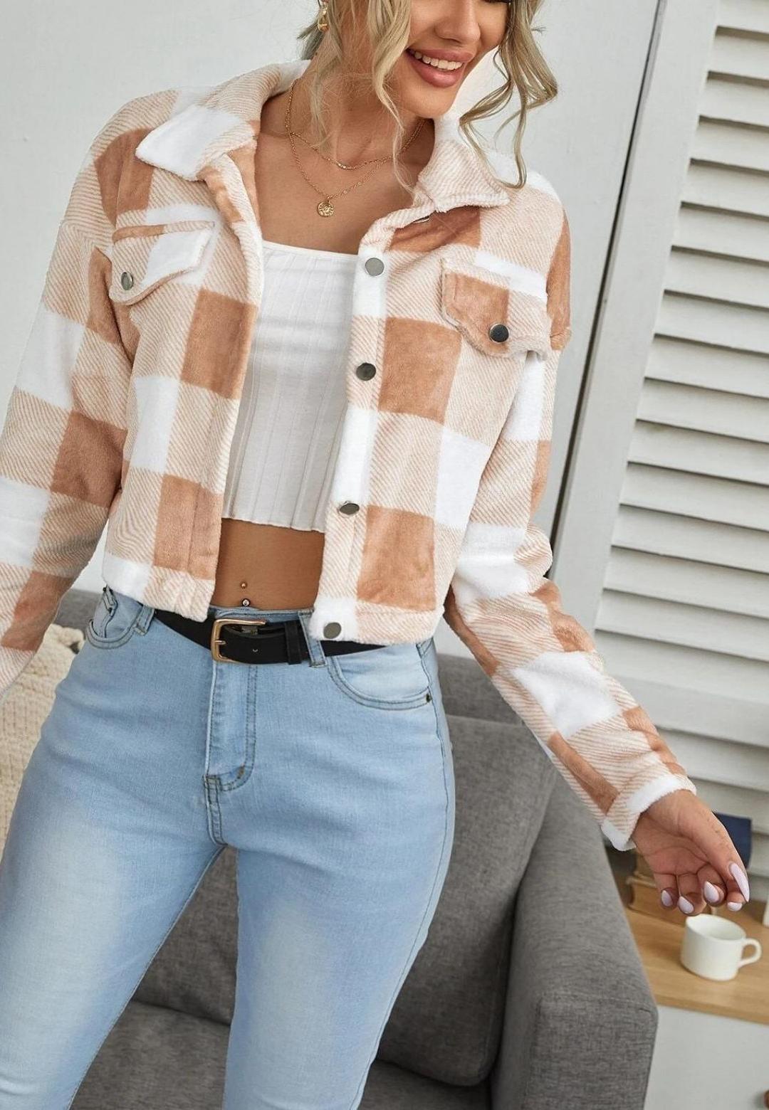 Cozy Warm Texture Plaid Checker Cropped Collar Button Jacket