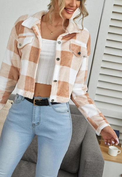 Cozy Warm Texture Plaid Checker Cropped Collar Button Jacket