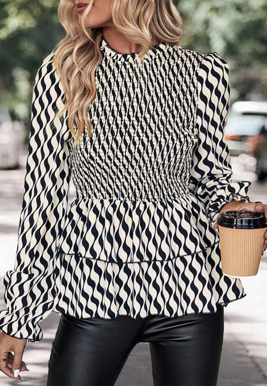 Wavy Print Tiered Peplum Blouse